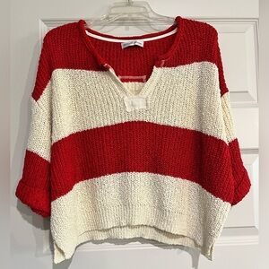 Zenana Outfitters Split Neck Red and Cream Sweater